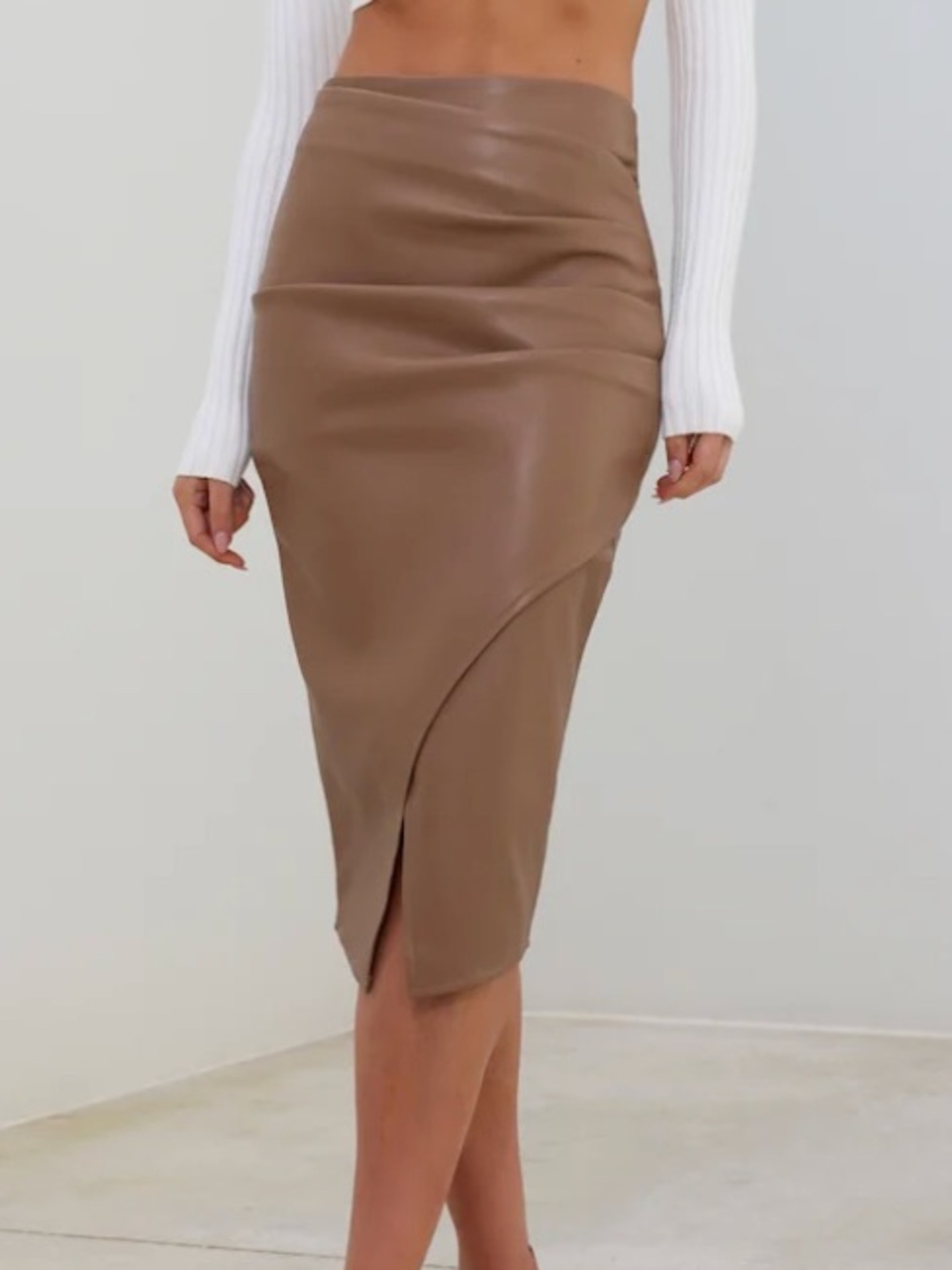 Hello Molly Taupe Faux Leather Asymmetrical Midi Skirt